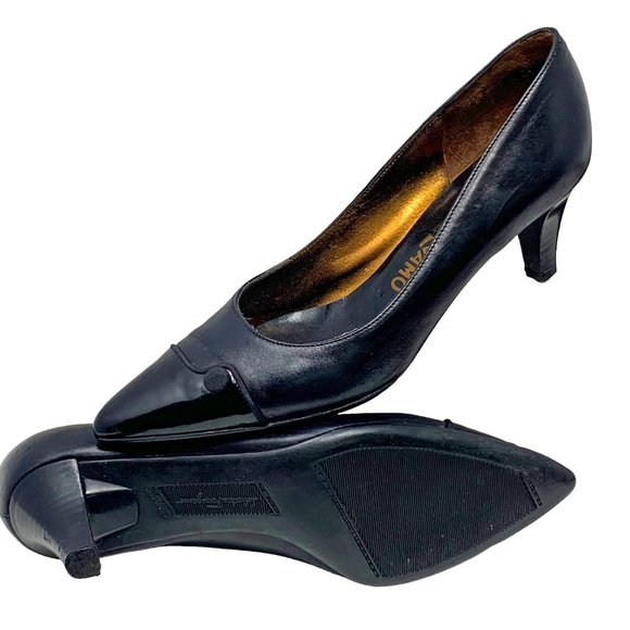 Salvatore Ferragamo Black Leather‎ Patent Leather Cap Toe Pumps - Picture 8 of 14